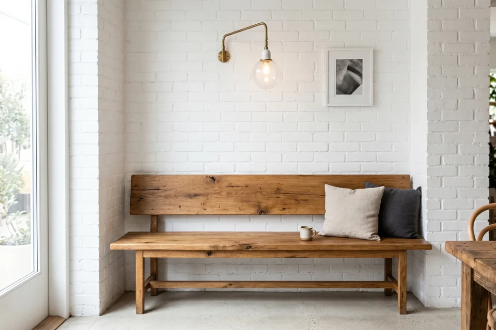 A minimalist dining nook featuring a long, natural rustic wooden bench with throw pillows against a clean white-painted brick wall, illuminated by a brass swing-arm wall sconce.