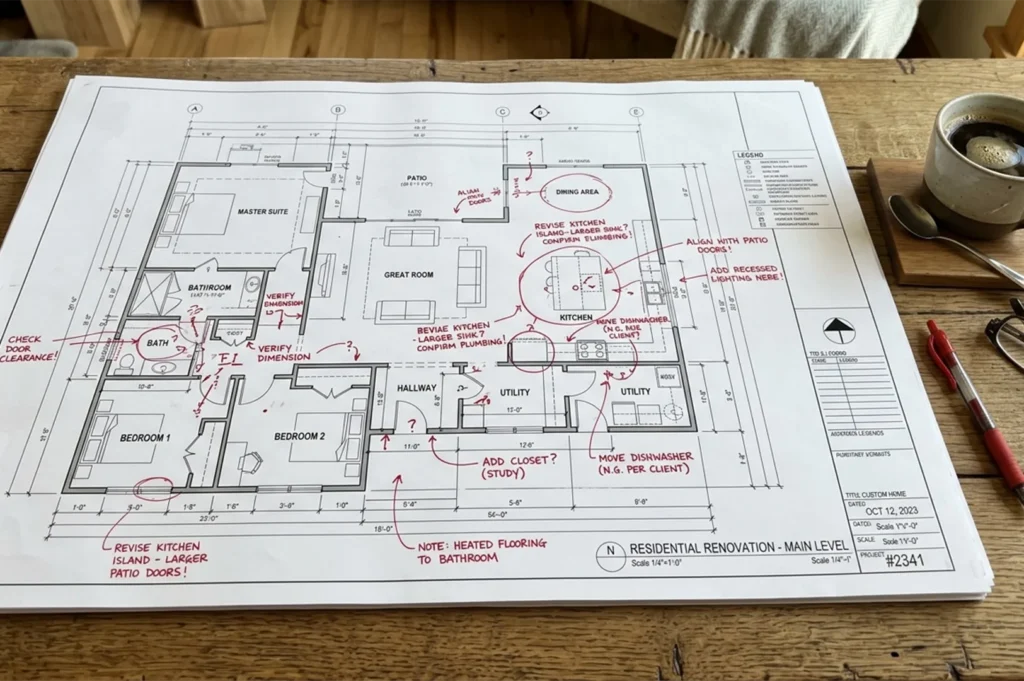 A detailed residential renovation blueprint for a main level floor plan with red handwritten annotations and revision notes.