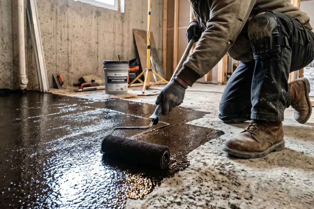 A construction worker in safety gear kneeling down and applying a thick liquid black waterproofing membrane to a concrete floor using a roller.