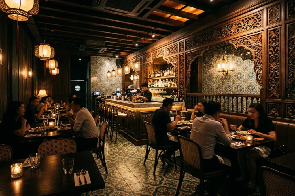 Interior view of a dimly lit luxury restaurant featuring intricate wood-carved wall panels, patterned tile flooring, and warm pendant lighting.
