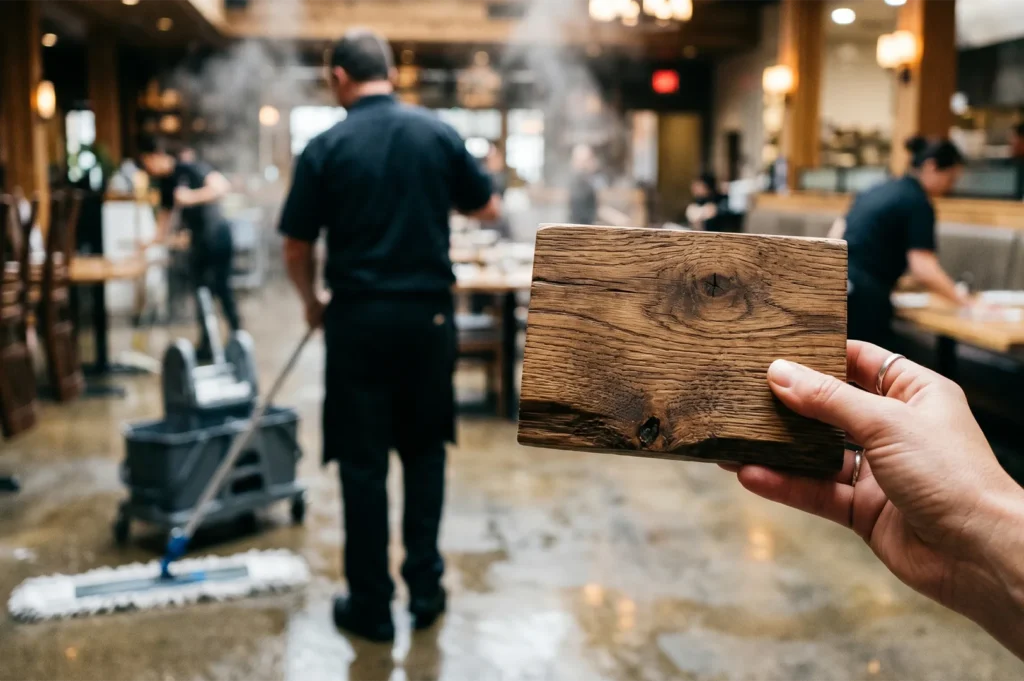 A hand holding a rustic dark wood sample in the foreground while restaurant staff mops and cleans the dining area in the blurred background.