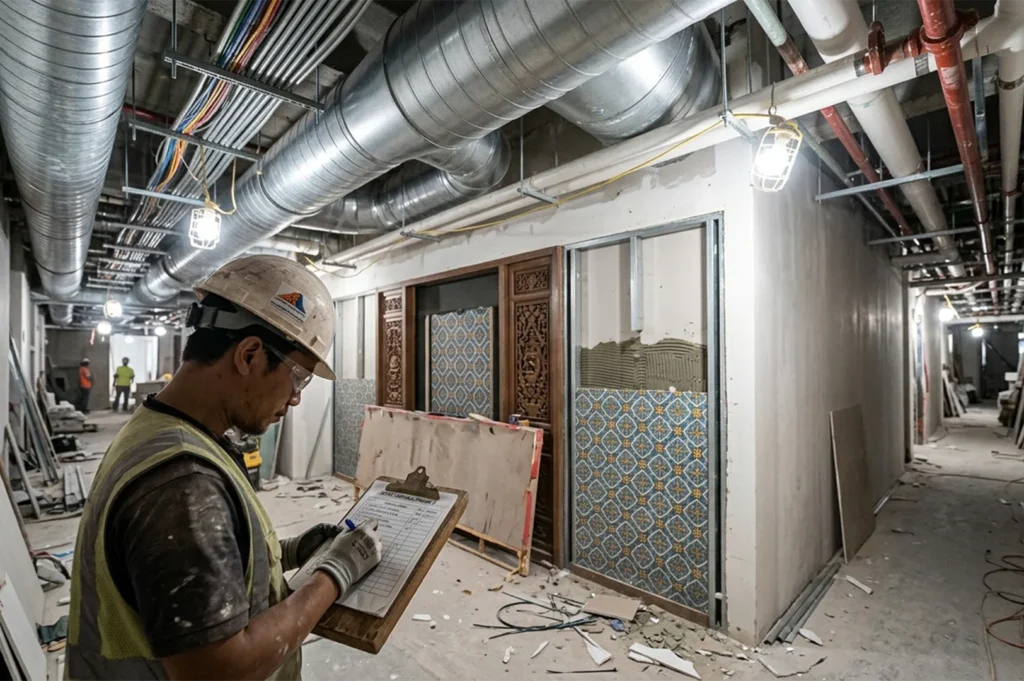 A construction worker in a hard hat reviewing plans on a clipboard in a building under renovation with exposed ceiling ducts and pipes.