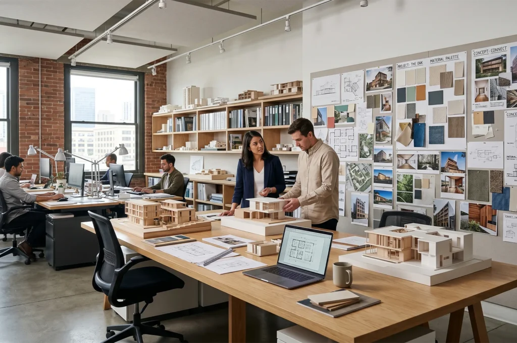 A bright, open-plan architectural studio where professionals are collaborating over scale models, blueprints, and material mood boards.