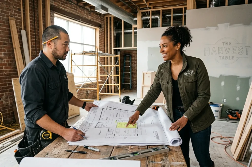 A male contractor and a female interior designer discussing floor plans on a wooden table inside a building under construction.