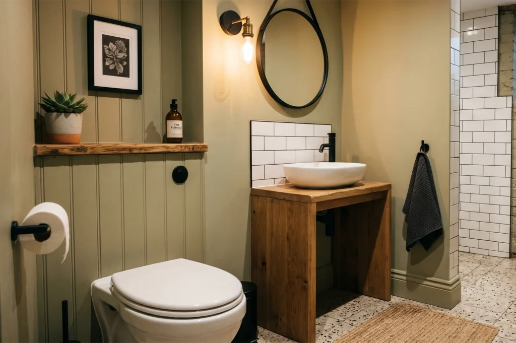 A beautifully modern renovated bathroom interior featuring olive green walls, wood paneled accents, a floating timber vanity with a white vessel sink, a round mirror, and a clean white modern toilet.