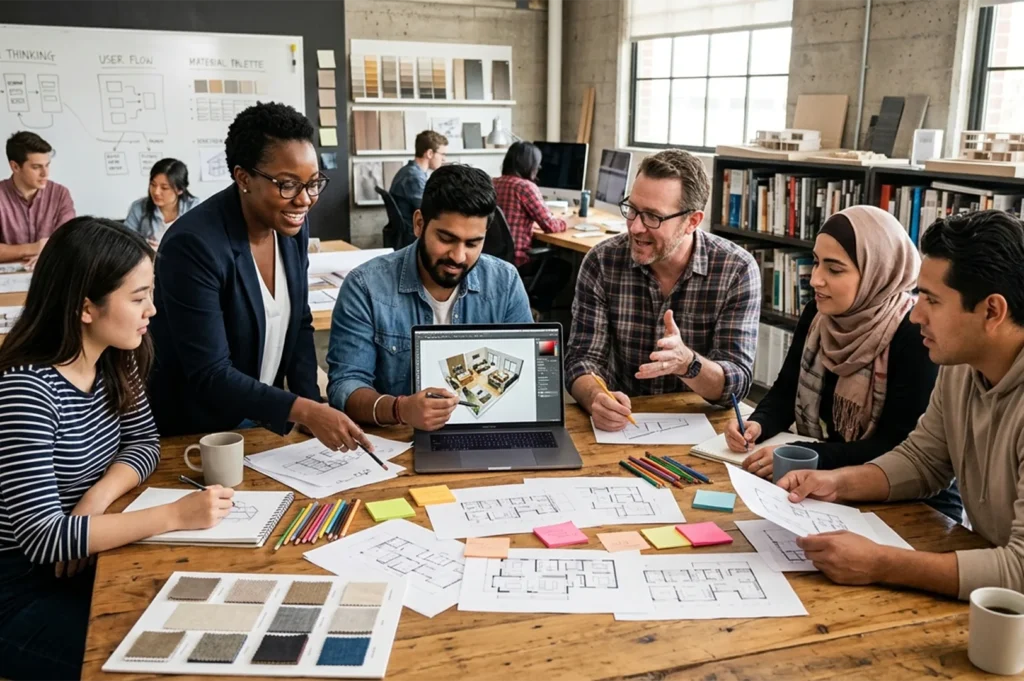A diverse team of architects and designers collaborating around a table with floor plans, fabric samples, and a 3D model on a laptop.