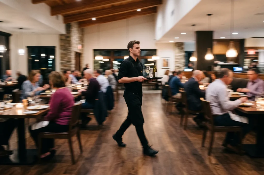 A male server in black uniform walking through a busy, upscale restaurant carrying a tray with a bottle of wine and glasses.