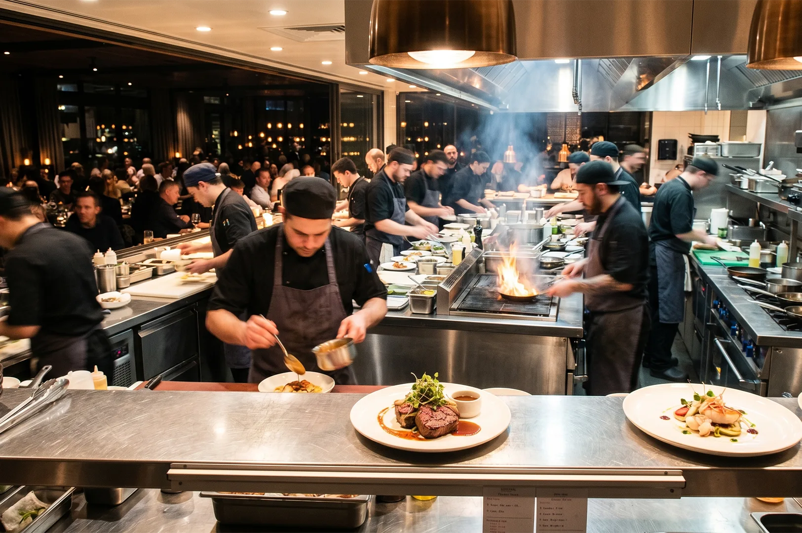 A team of professional chefs works in a busy commercial kitchen, preparing and plating gourmet dishes during a crowded dinner service. Stainless steel cooking stations, open flames, and elegantly plated fine dining meals are visible as guests dine in the background.
