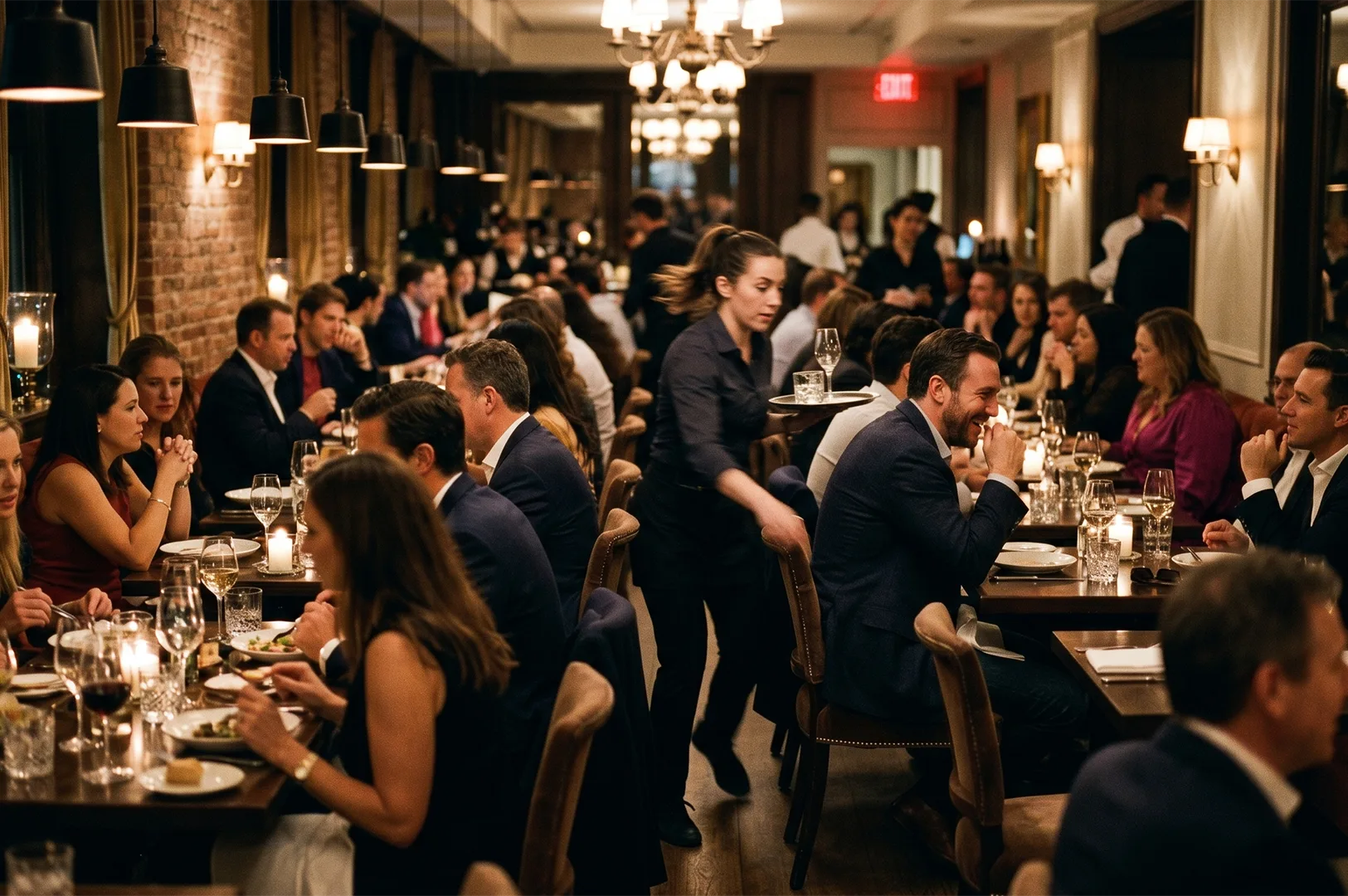 A bustling and dimly lit fine dining restaurant packed with elegant patrons seated at tables, with a female server expertly navigating the narrow aisle carrying a tray of drinks.