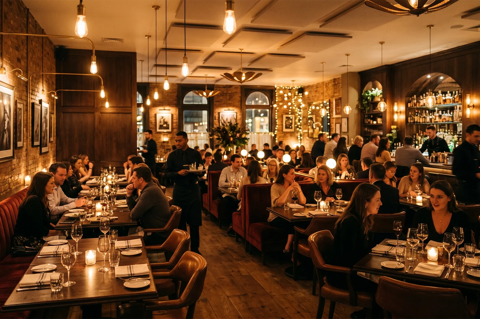 A bustling, upscale restaurant dining room filled with patrons, featuring warm bulb lighting, exposed brick walls, comfortable leather seating, and a bar area in the background.
