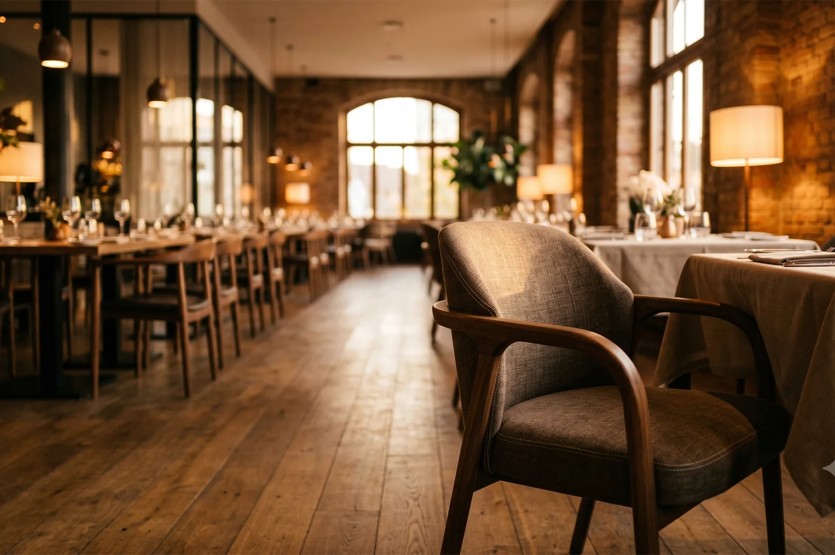 Empty fine dining restaurant interior featuring rustic brick walls, polished wooden floors, elegantly set tables, and warm ambient lighting during sunset.