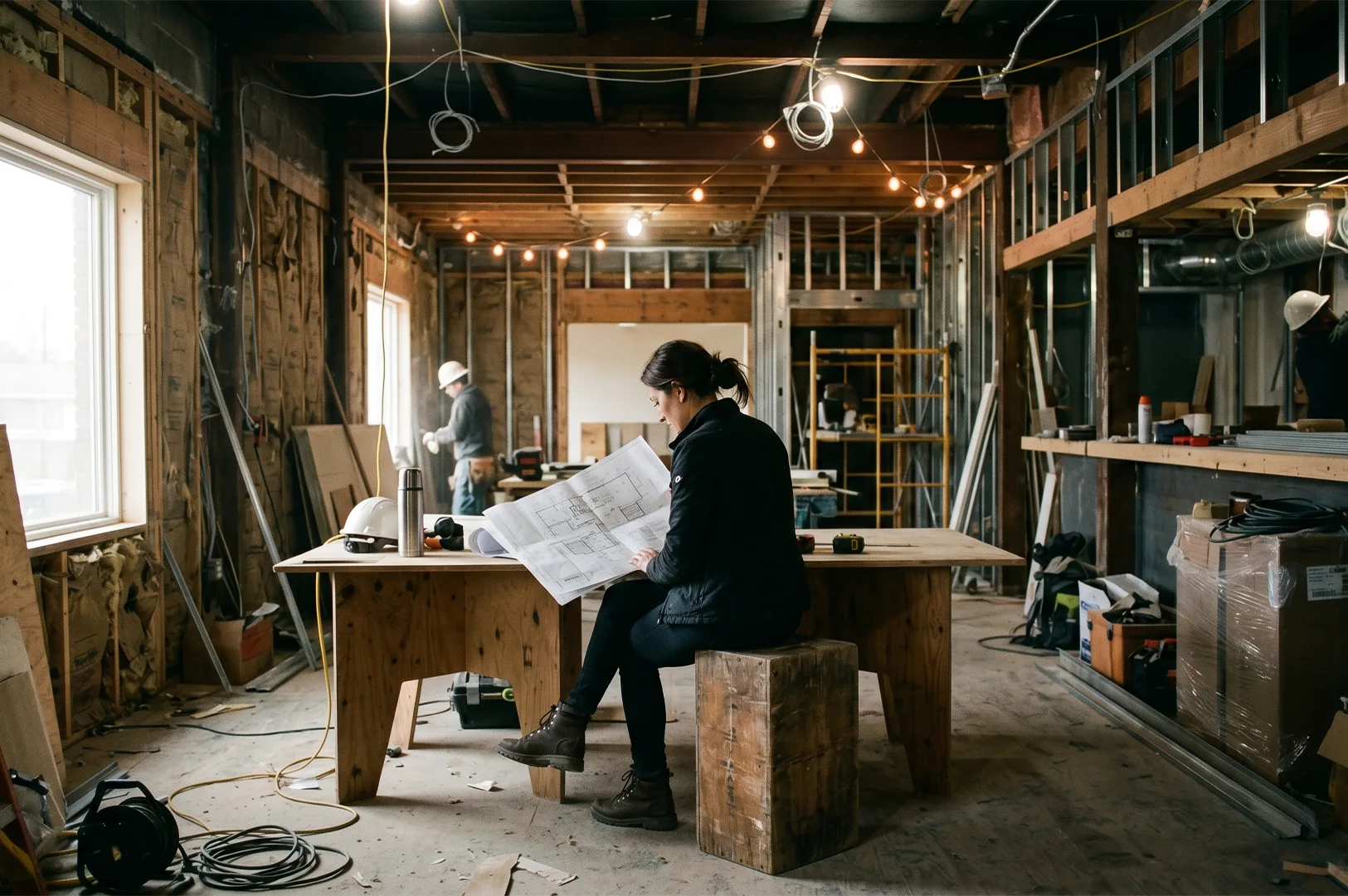 A female architect sits at a worktable reviewing architectural blueprints inside a building under renovation, while construction workers, exposed framing, electrical wiring, and building materials are visible throughout the site.