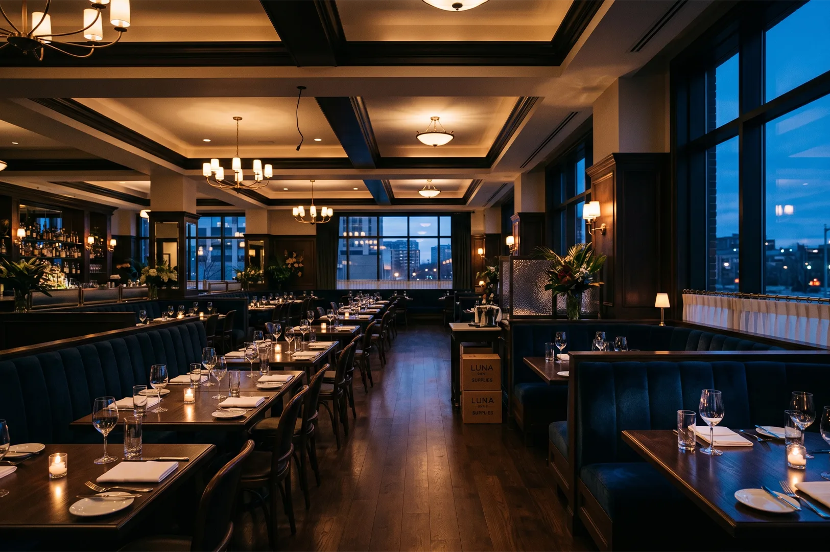 Elegant upscale restaurant dining room featuring dark wood ceiling beams, luxurious navy blue velvet booth seating, candlelit tables set with wine glasses, and large windows with a city twilight view.