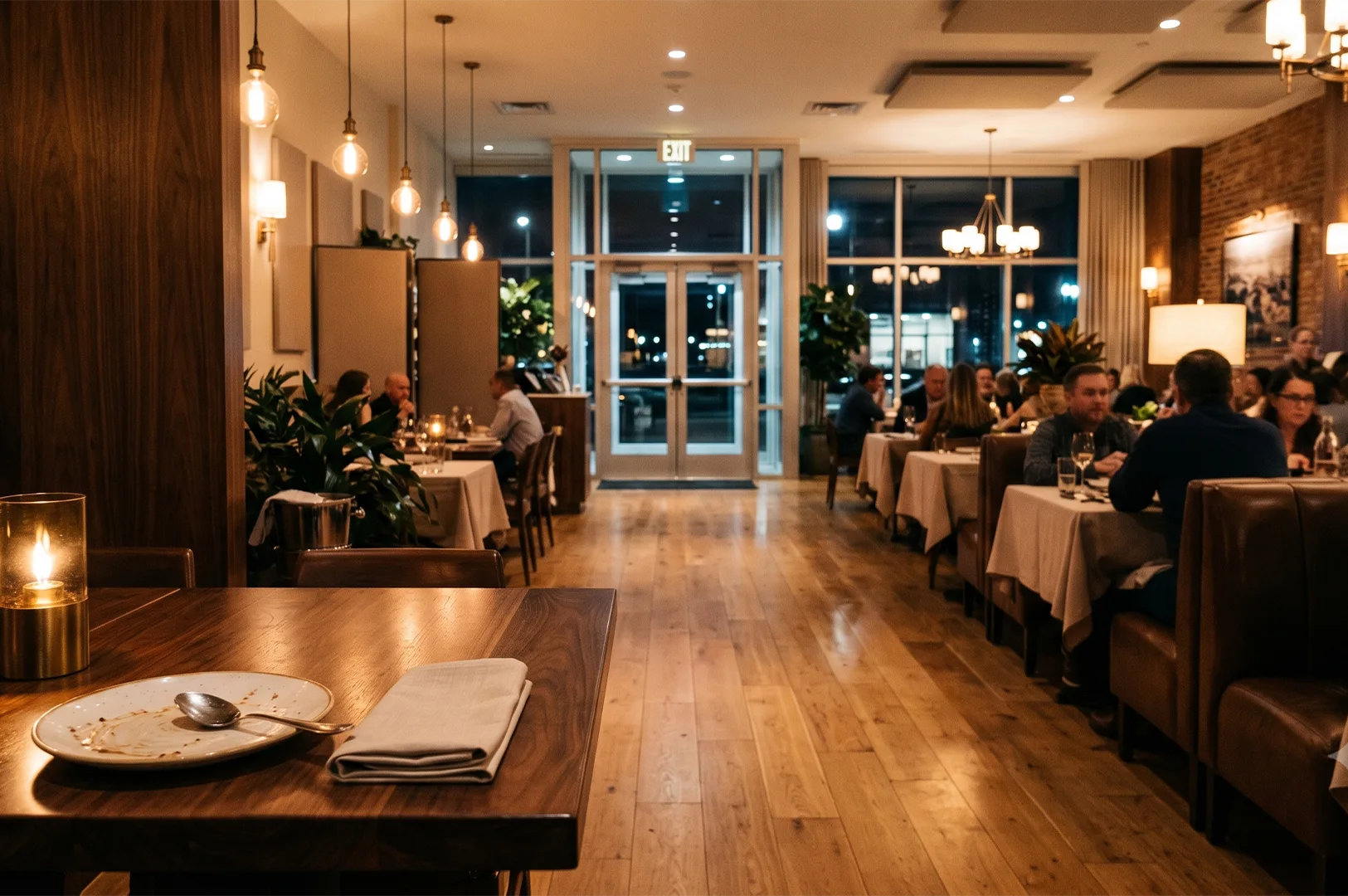 Elegant fine dining restaurant interior featuring warm pendant lighting, wooden tables with cloth napkins, and patrons dining in a cozy, upscale atmosphere.