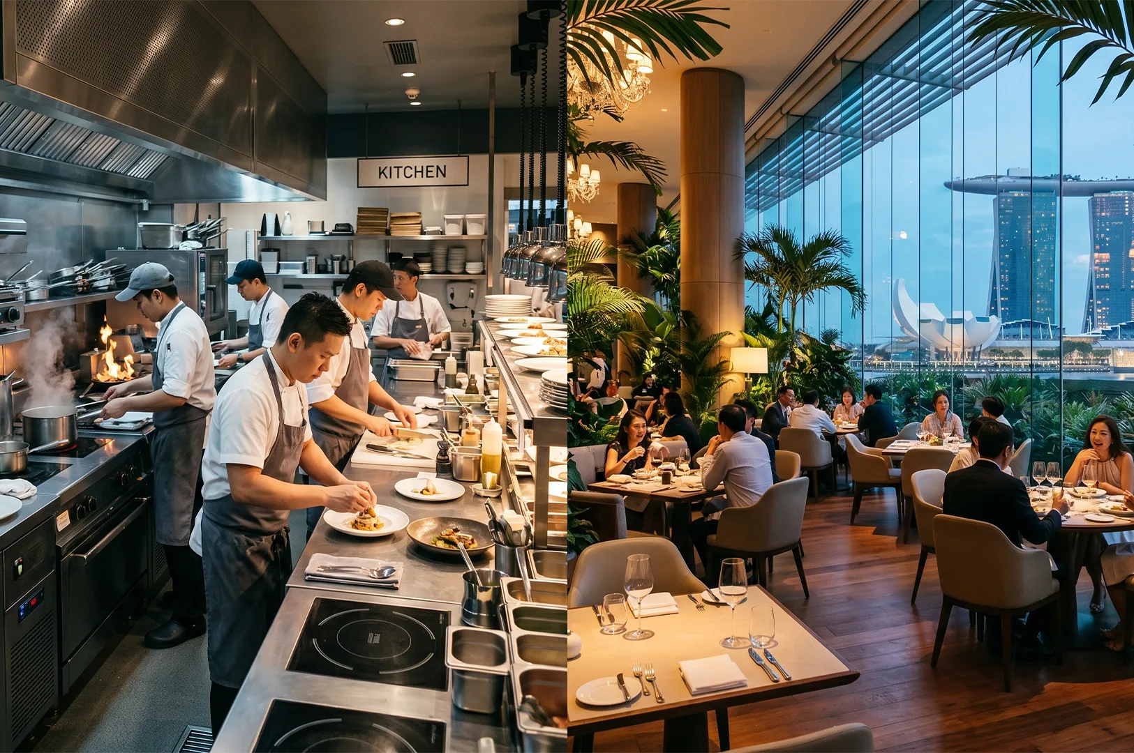 A bustling professional kitchen next to a luxury dining area with a floor-to-ceiling glass view of Singapore Marina Bay Sands and ArtScience Museum.