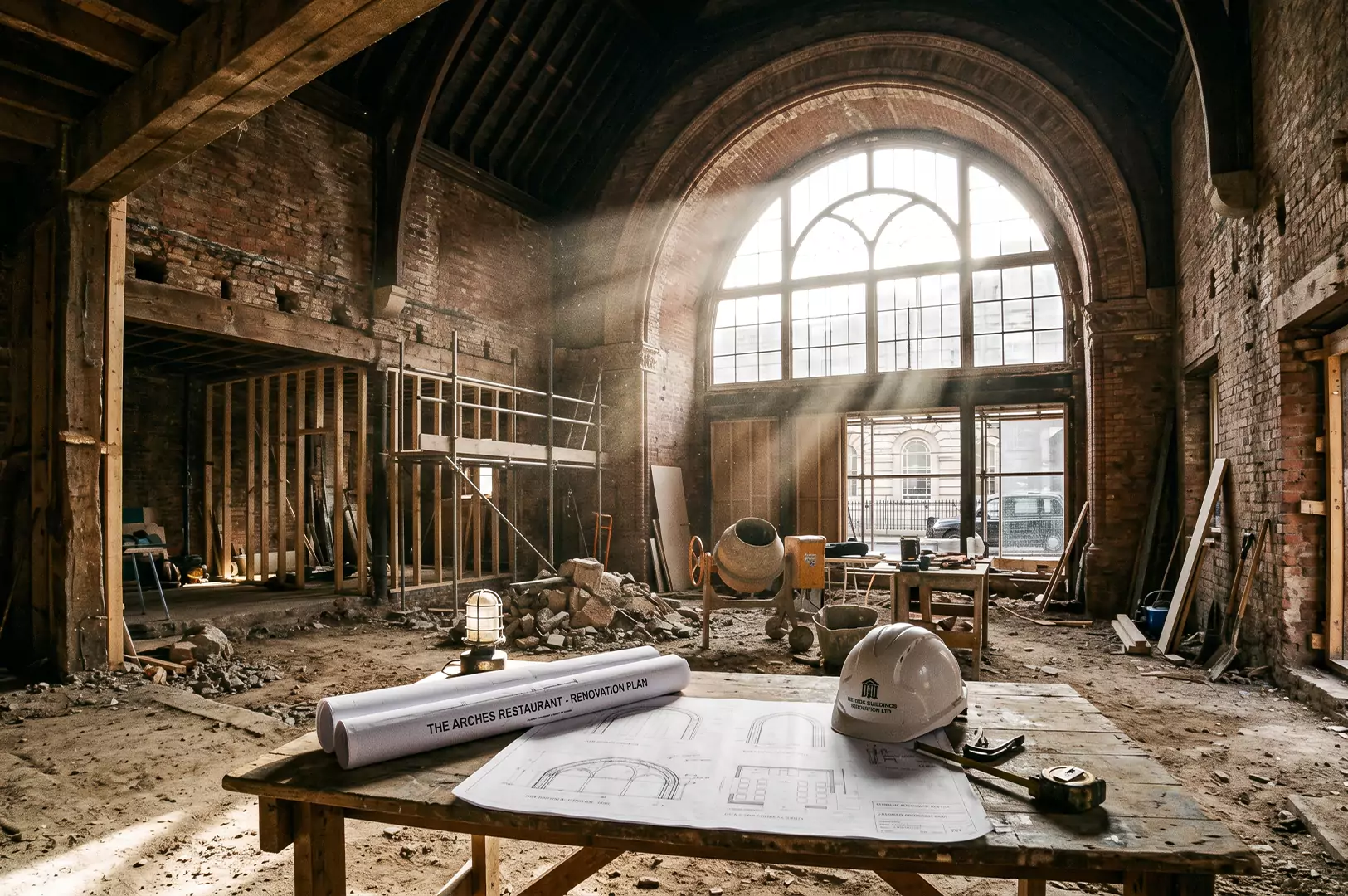 Architectural blue prints, safety hard hat, and rolled blueprints for restaurant renovation project on a construction work table inside a historic brick building with vaulted arches.