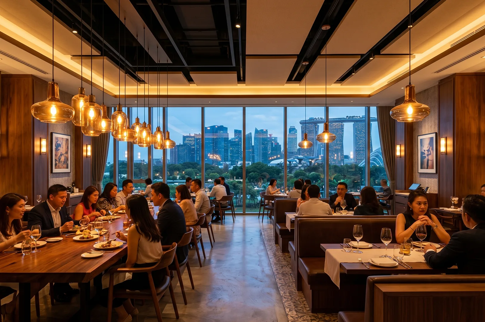 An upscale restaurant dining room in Singapore featuring warm ambient pendant lighting and a large glass window wall looking out at the Marina Bay Sands skyline at dusk.