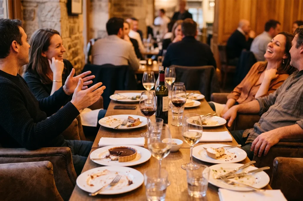 A group of happy friends laughing, talking, and sharing wine and desserts around a long wooden dining table in a cozy, lively restaurant atmosphere.