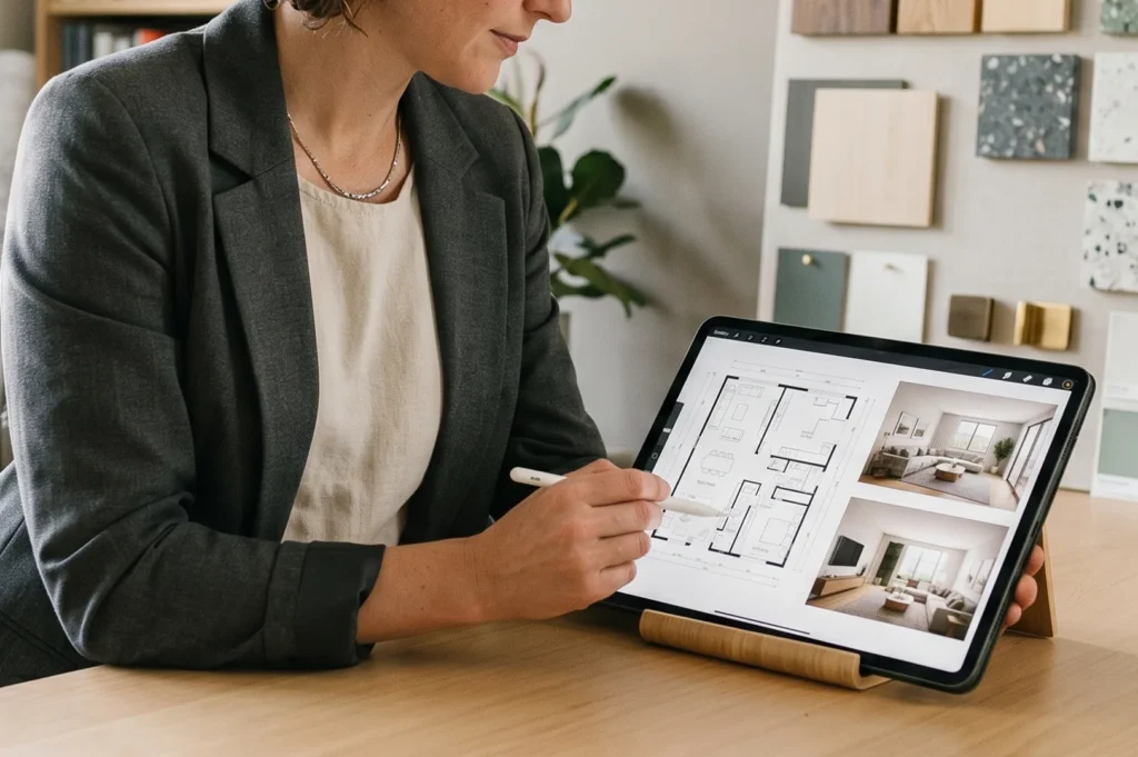 An interior designer using a stylus on a digital tablet to review architectural floor plans and modern living room 3D renders.