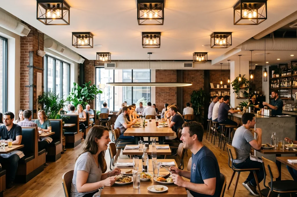 A modern industrial style restaurant dining area filled with guests, showcasing brick walls, wood floors, and a symmetrical grid of black square flush-mount ceiling light fixtures.