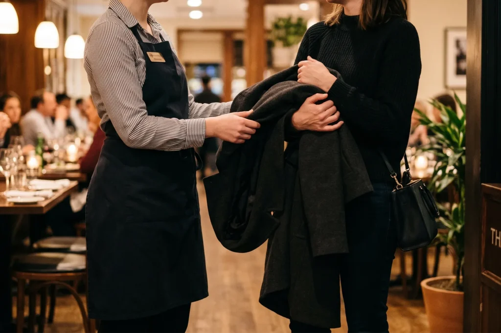 A professional restaurant server in an apron assists a guest with her coat check at arrival or departure.