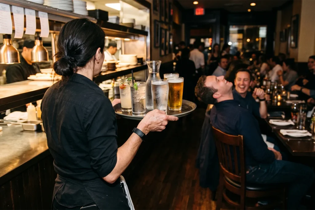 Rear view of a female restaurant server carrying a tray filled with beers and cocktails from the kitchen pass out to a lively dining room where guests are laughing.