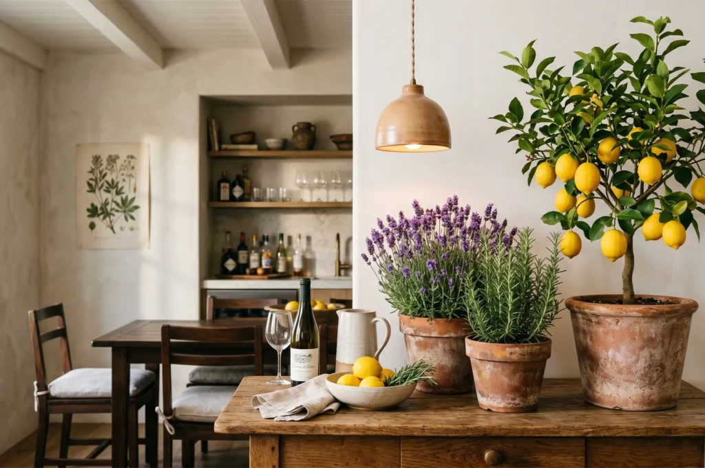 Rustic kitchen console table decorated with fresh lavender and rosemary in terracotta pots, a ceramic bowl filled with lemons, and a potted lemon tree.