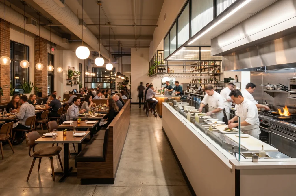 A vibrant, modern industrial restaurant interior featuring long wooden booths, globe pendant lighting, and a busy open chef's kitchen line.
