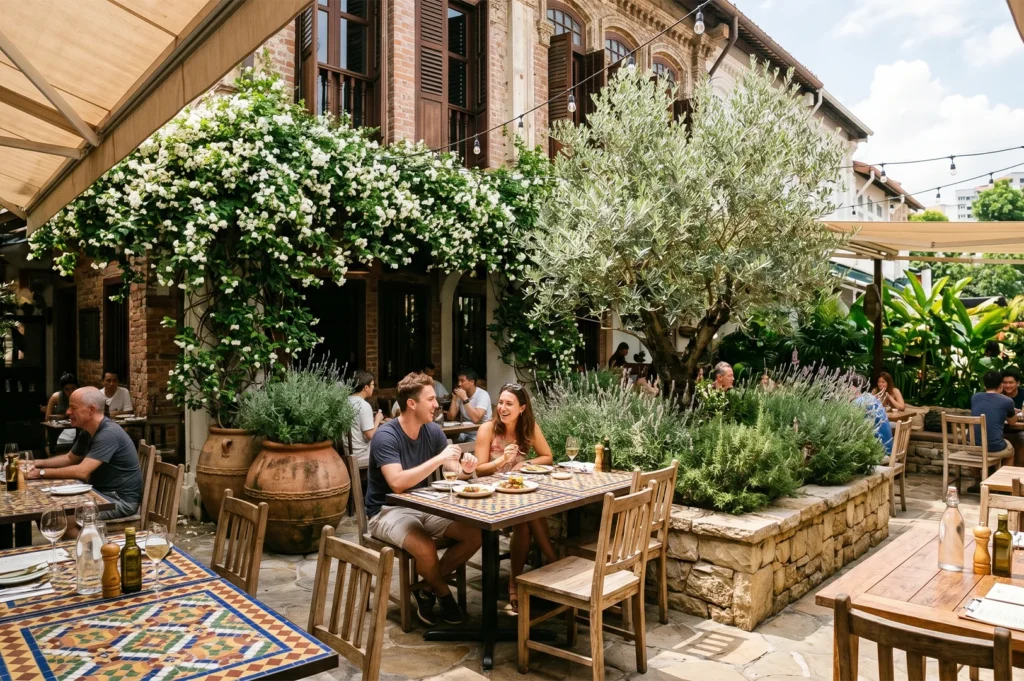 Lively outdoor restaurant courtyard with patrons dining under a white bougainvillea canopy, surrounded by lush green shrubs and terracotta planters.