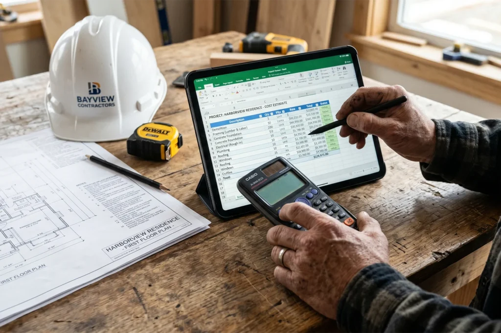 A contractor using a calculator and digital tablet to review a residential project construction cost estimate spreadsheet next to blueprints and a white hard hat.