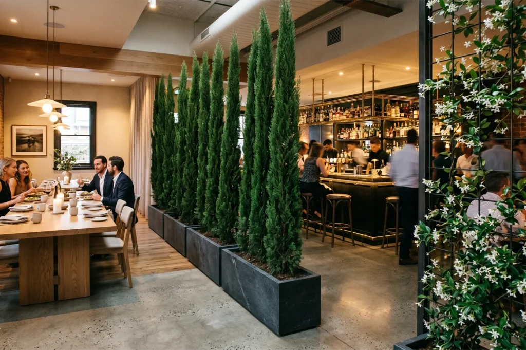 Contemporary restaurant interior design utilizing a neat row of tall, slender cypress trees in dark planters as a natural space divider between the dining area and the bar.