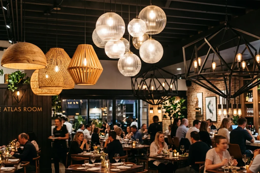 The busy dining room of The Atlas Room restaurant featuring an eclectic mix of large spherical ribbed glass globes, woven wooden pendant shades, and black geometric cage chandeliers.