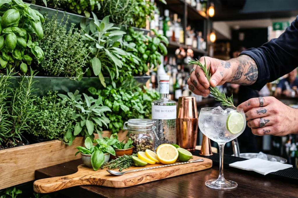 Close-up of a bartender garnishing a gin and tonic cocktail with fresh rosemary, set against a lush indoor vertical herb wall with basil and mint.