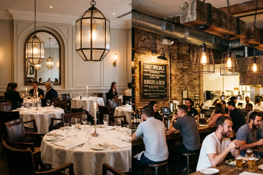 Side-by-side comparison of restaurant lighting styles, showing a formal white tablecloth fine dining room with traditional glass lanterns on the left, and a rustic brick bar with industrial wire-cage pendants on the right.