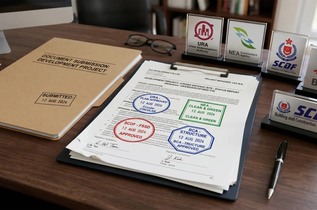 Official development project submission status report documents on a desk, bearing approval stamps from Singapore authorities including URA, NEA, SCDF, and BCA.