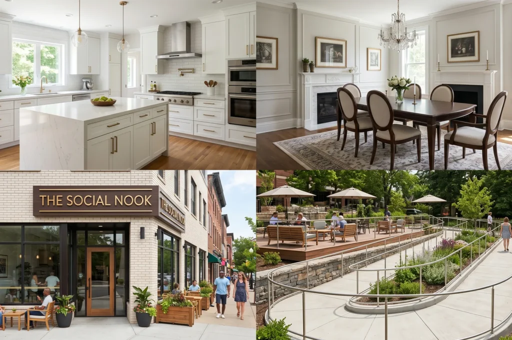 A four-quadrant interior design grid showcasing a white modern kitchen, an elegant dining room, 'The Social Nook' restaurant storefront, and an outdoor accessible patio ramp.