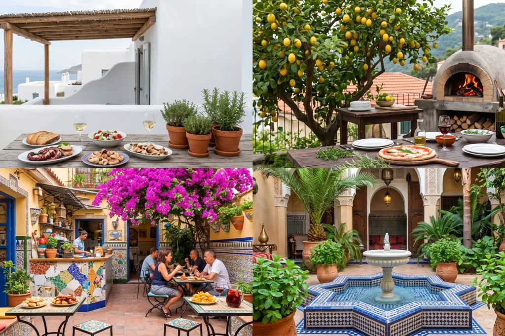 Four-panel collage showcasing traditional Mediterranean outdoor dining spaces: Greek seaside terrace, Italian wood-fired pizza garden, Spanish mosaic courtyard, and Moroccan riad fountain.