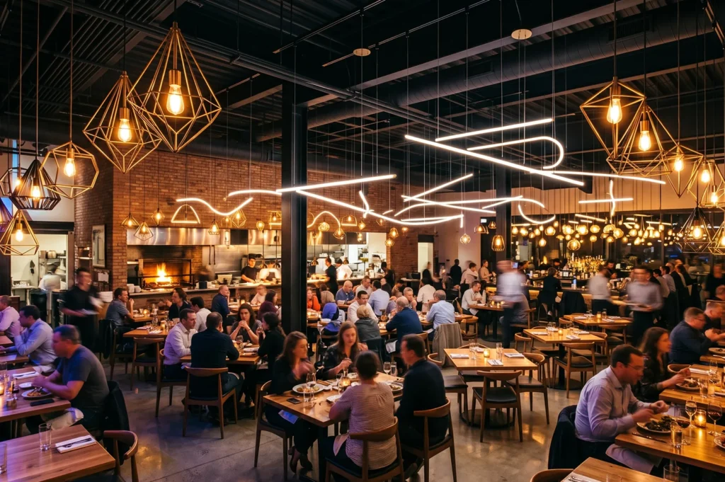 A lively, crowded restaurant interior with an open kitchen, illuminated by architectural gold geometric wire frame pendant lights and sweeping intersecting abstract linear LED ceiling fixtures.