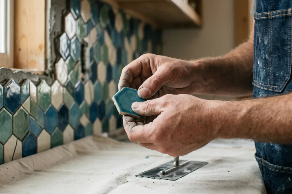 A close-up of a tiler's dust-covered hands examining a blue ceramic hexagon tile during a kitchen backsplash installation.