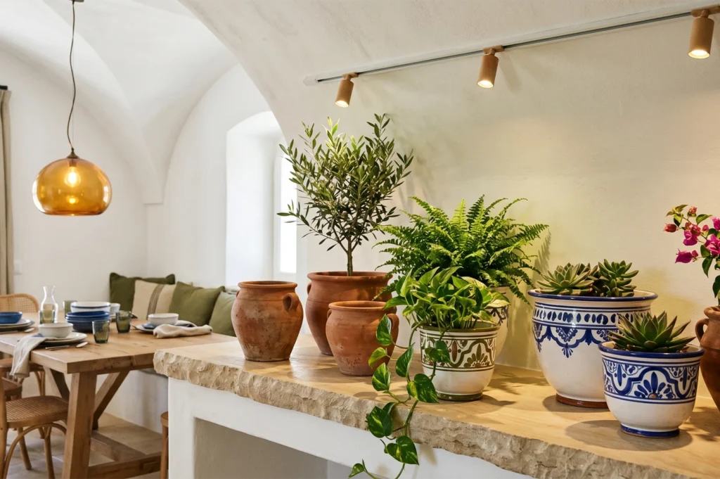 Stone counter display in a rustic dining room featuring a small olive tree in a terracotta pot alongside green plants in ornate blue and white ceramic pots.