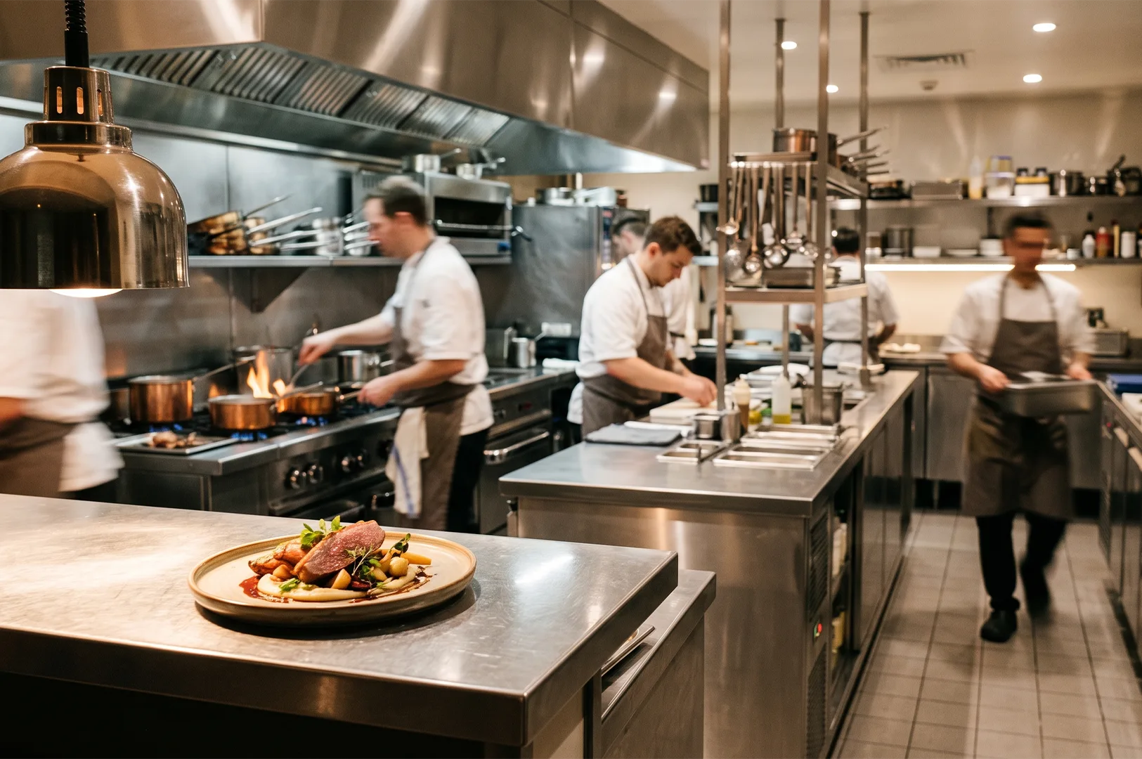 A busy professional restaurant kitchen with chefs in white uniforms preparing gourmet dishes, featuring a plated meat entree in the foreground and active cooking stations in the background.