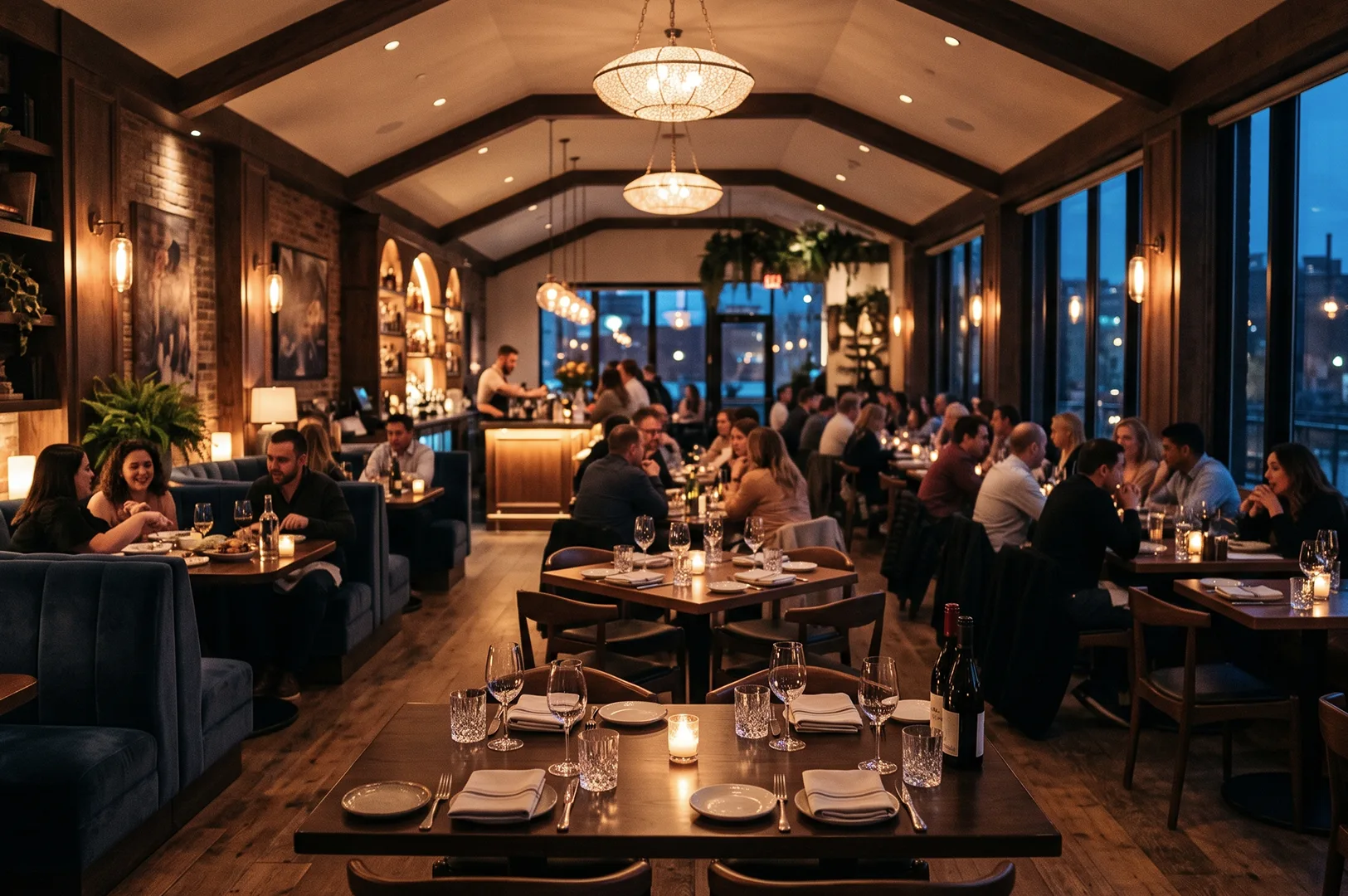 Cozy and elegant upscale restaurant dining room filled with patrons, featuring vaulted wooden beams, warm ambient pendant lights, exposed brick walls, and beautifully set tables with wine glasses and candles.
