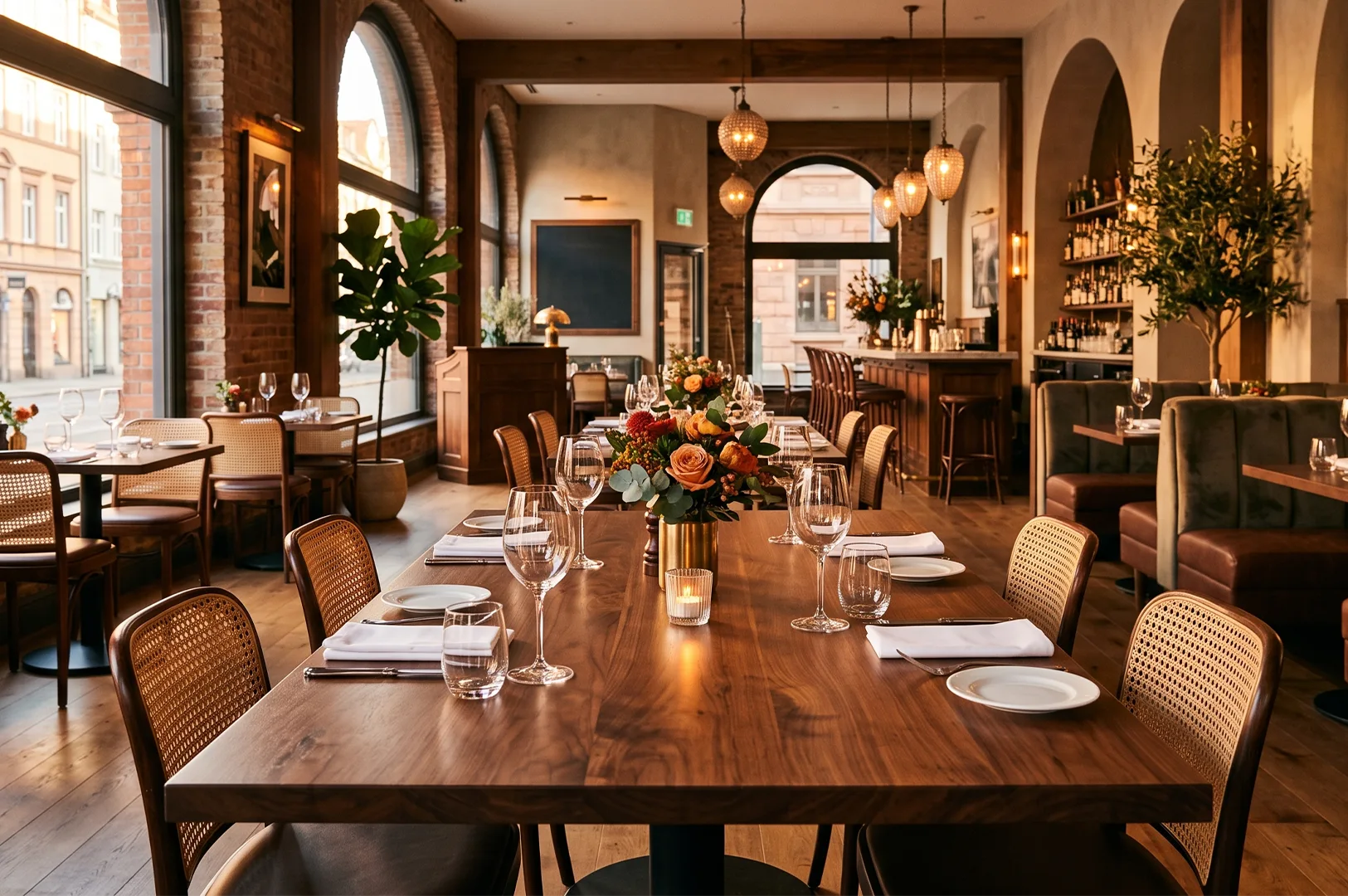 Warm and elegant interior of an upscale restaurant featuring long wooden dining tables meticulously set with wine glasses, white napkins, and a floral centerpiece, surrounded by stylish wooden chairs under soft ambient lighting.