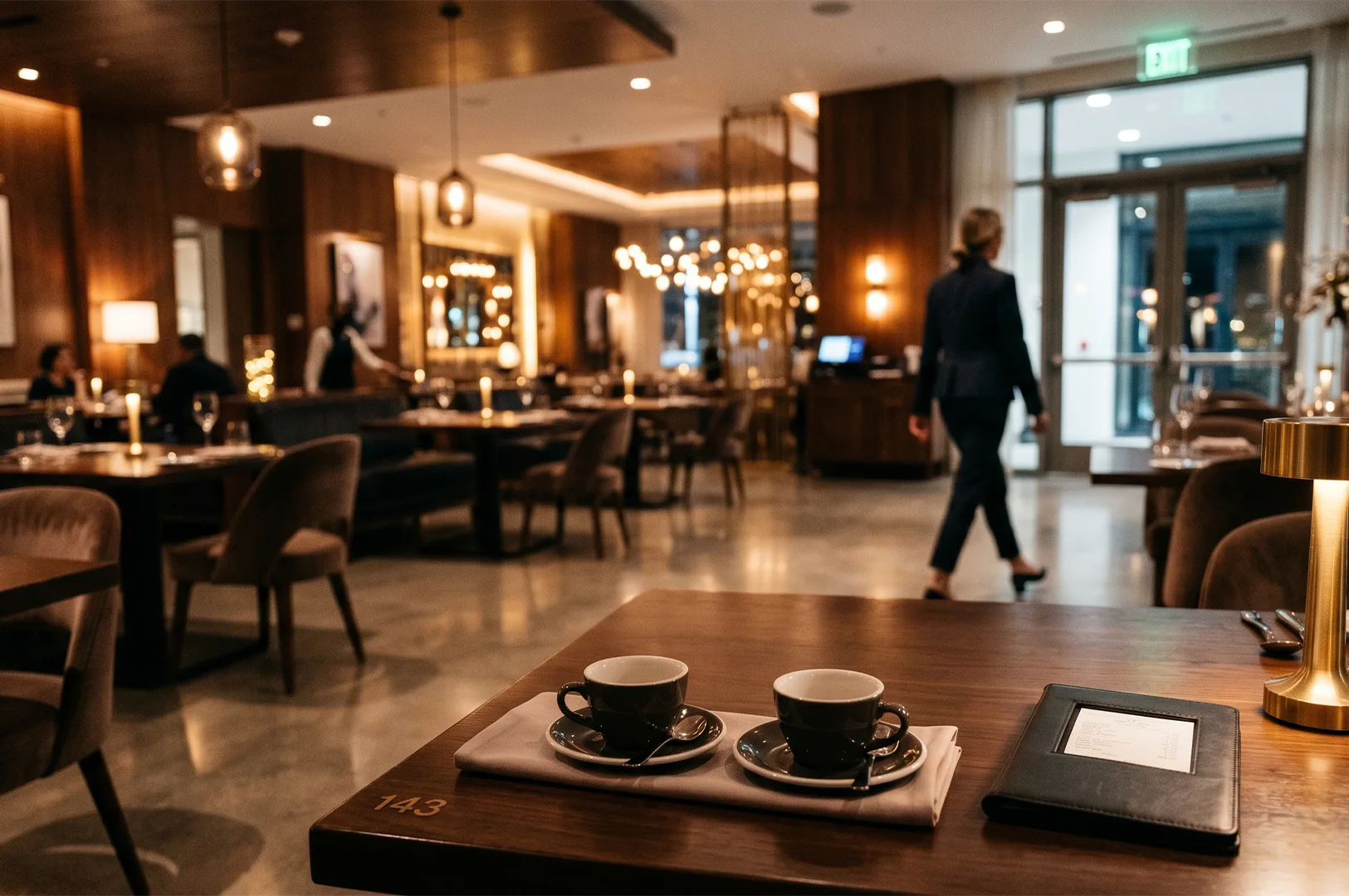 Two espresso cups on a wooden table with a leather guest check presenter in a dimly lit, upscale luxury hotel restaurant background.