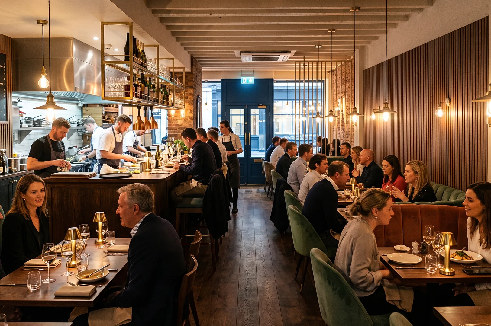 Busy upscale restaurant dining room with an open kitchen, warm pendant lighting, wooden wall panels, and guests dining at tables with green velvet chairs.