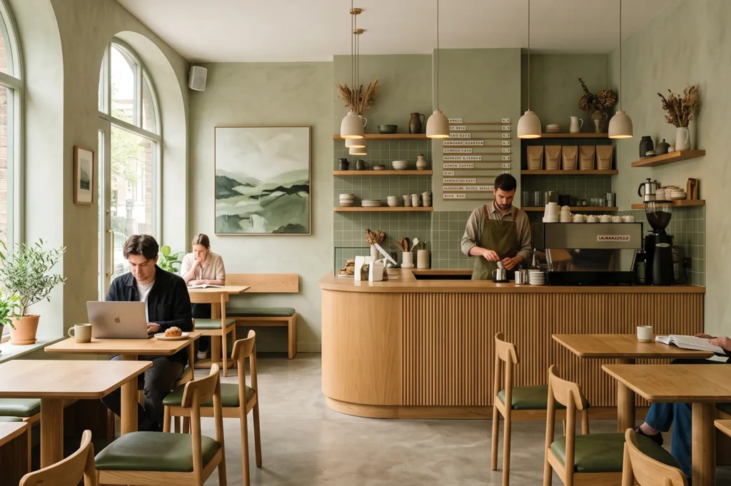 Modern minimalist cafe interior featuring sage green walls, a curved wooden service counter, olive green chairs, and a barista preparing espresso.