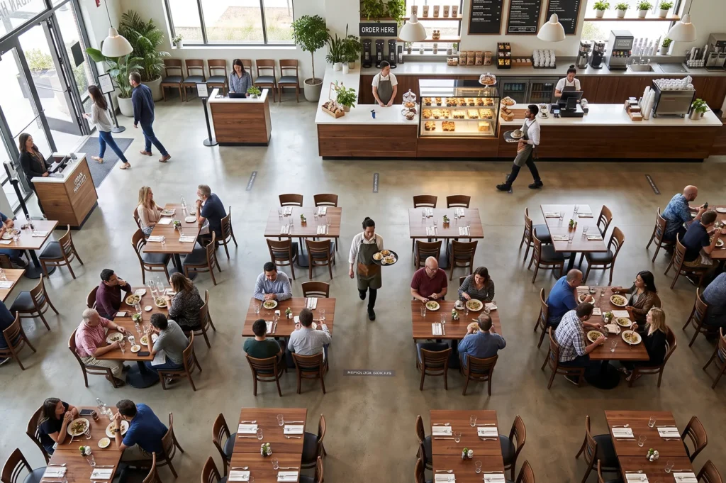 High-angle aerial view of a spacious modern cafeteria or restaurant floor plan showing rows of square wooden tables, concrete floors, and waiters serving customers.