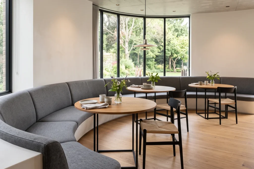 Bright dining alcove with a large curved grey booth sofa, round wooden tables, and floor-to-ceiling windows overlooking a lush green garden.