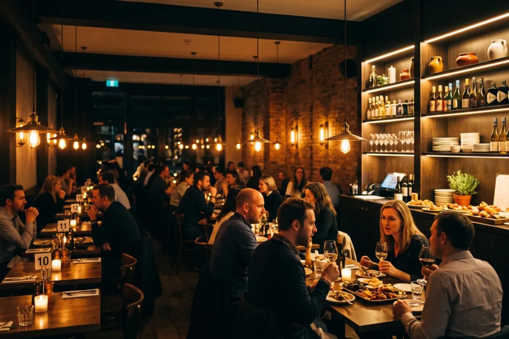Dimly lit intimate restaurant dining room with exposed brick walls, warm industrial pendant lights, and patrons enjoying wine and dinner at wooden tables.