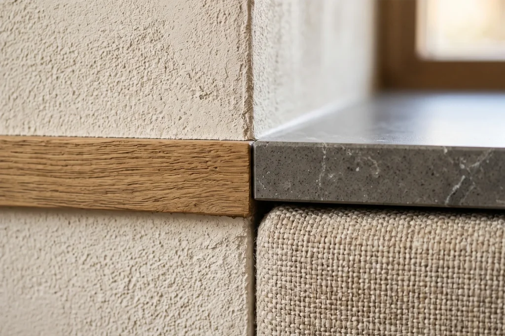 Close-up macro detail of interior material transitions showing textured beige plaster wall, light oak wood trim, a grey marble sill, and woven linen upholstery.